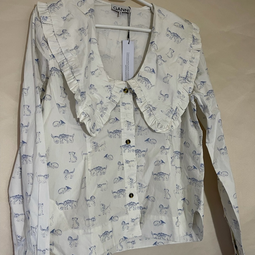 NWT Ganni Ruffled Collar Kitten Print Blouse - Picture 3 of 8